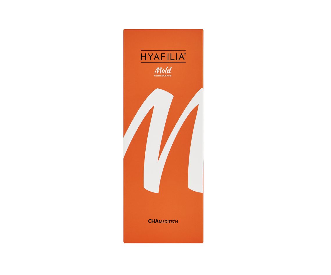 Hyafilia Mold Plus with Lidocaine dermal filler box – premium medium-density hybrid HA filler for lips, cheeks, nose, and facial contour enhancement.