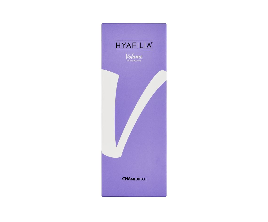 Hyafilia Volume Plus with Lidocaine dermal filler syringe and packaging – advanced 3-in-1 hybrid HA technology for facial contouring, structure, and deep volume restoration.