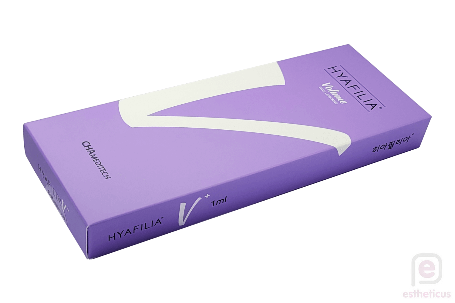 Hyafilia Volume Plus with Lidocaine dermal filler Packaging, advanced hybrid formula combining monophasic, biphasic, and free HA for smooth, sculpted results.