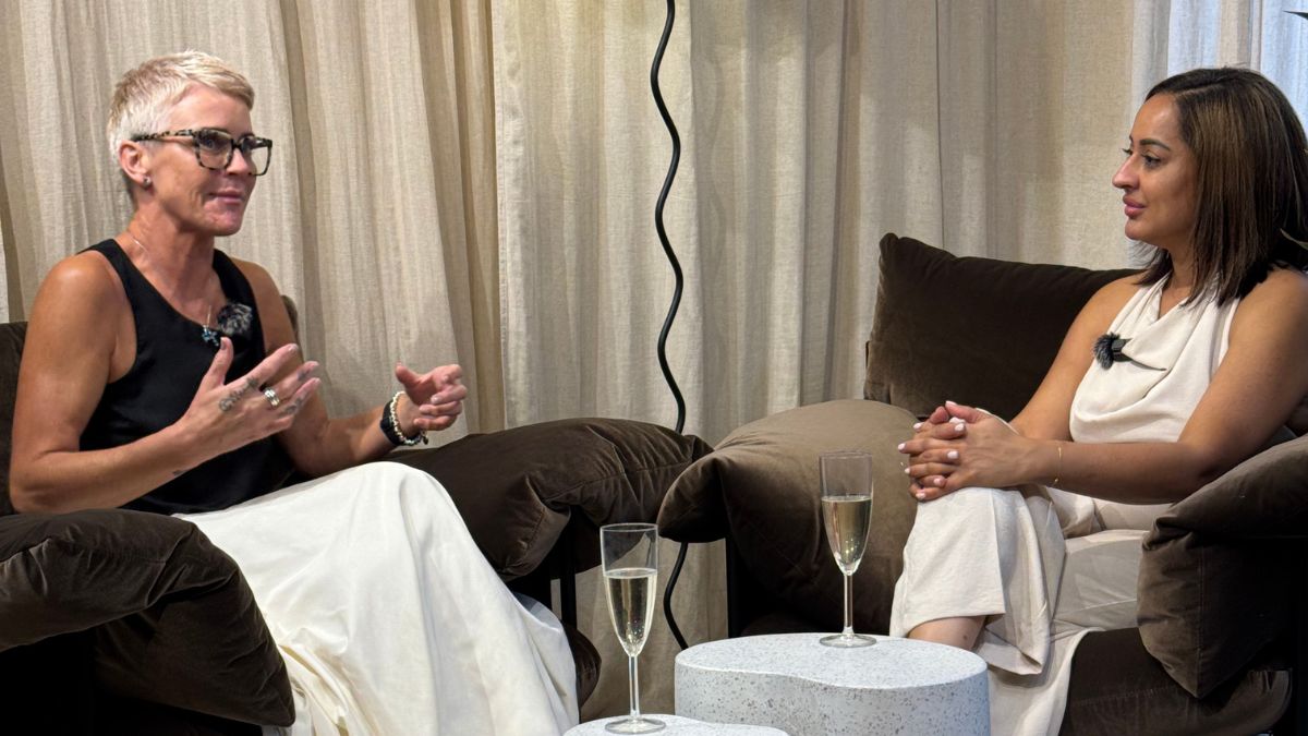 Nita McEvoy interviewing Samantha Stewart of Beautiphoria on the Ageing Disgracefully podcast, discussing exosomes, collagen stimulators, and growth factors in aesthetics.