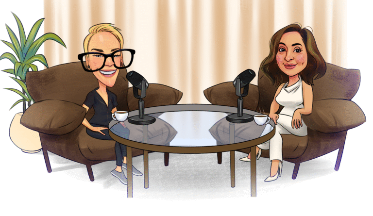 Cartoon illustration of Nita McEvoy and Samantha Stewart of Beautiphoria recording the Ageing Disgracefully podcast, with microphones and coffee at a table.