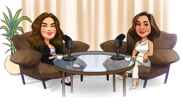 Illustrated podcast: host and guest in armchairs with mics and coffee at a glass table, plant and soft curtain backdrop.
