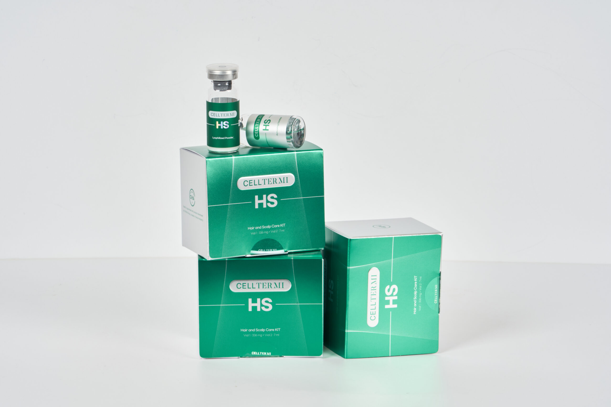 Celltermi HS Hair and Scalp Regeneration System featuring exosome and PDRN vials displayed with green Celltermi HS packaging on a white background.