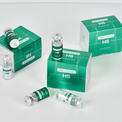 Celltermi HS hair restoration kit with multiple vials and boxes for professional scalp treatment and hair regeneration