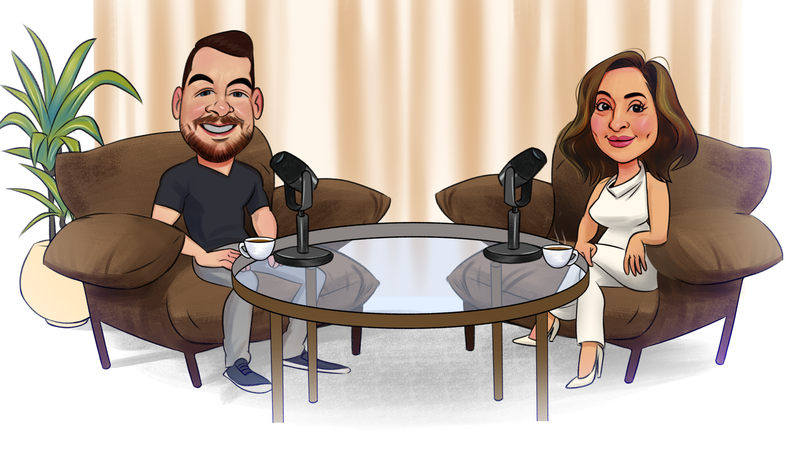 Cartoon-style image of Dr Kieron Lord and Nita McEvoy sitting in a podcast studio discussing regenerative Aesthetics & Longevity with microphones and coffee cups, recording an episode of Ageing Disgracefully.