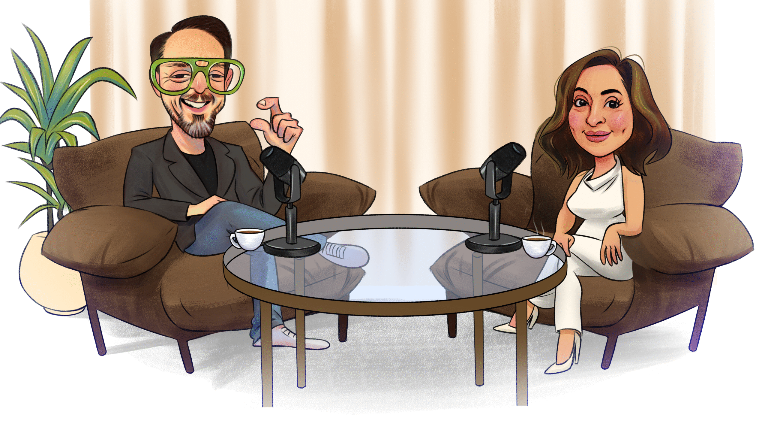 Cartoon illustration of Garry Kousoulou and Nita McEvoy recording an Ageing Disgracefully podcast episode discussing networking, human connection, and business growth.
