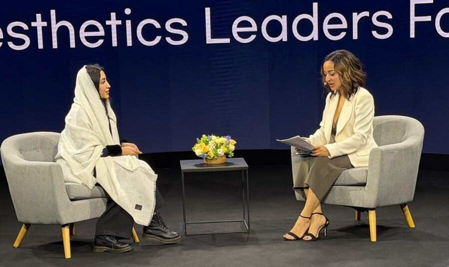 Dorothy Dewy HydroLifting skin booster discussion with Dr Mawaddah of Saudi Arabia at IMCAS Paris 2026 regenerative aesthetics leaders forum