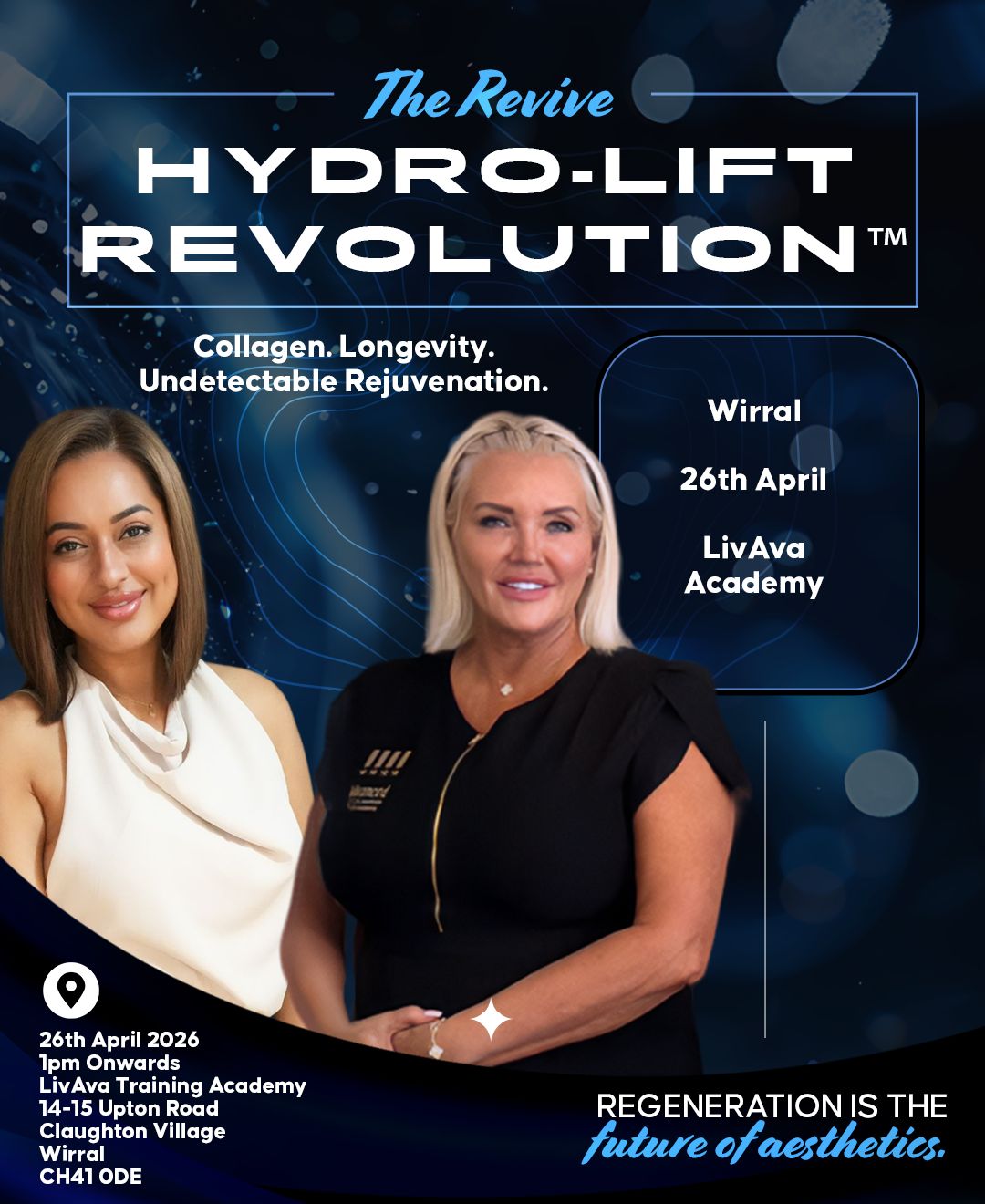 Revive Hydro-Lift Revolution regenerative aesthetics training in Wirral April 2026 featuring collagen biostimulation and hydration cross-protocol workshop